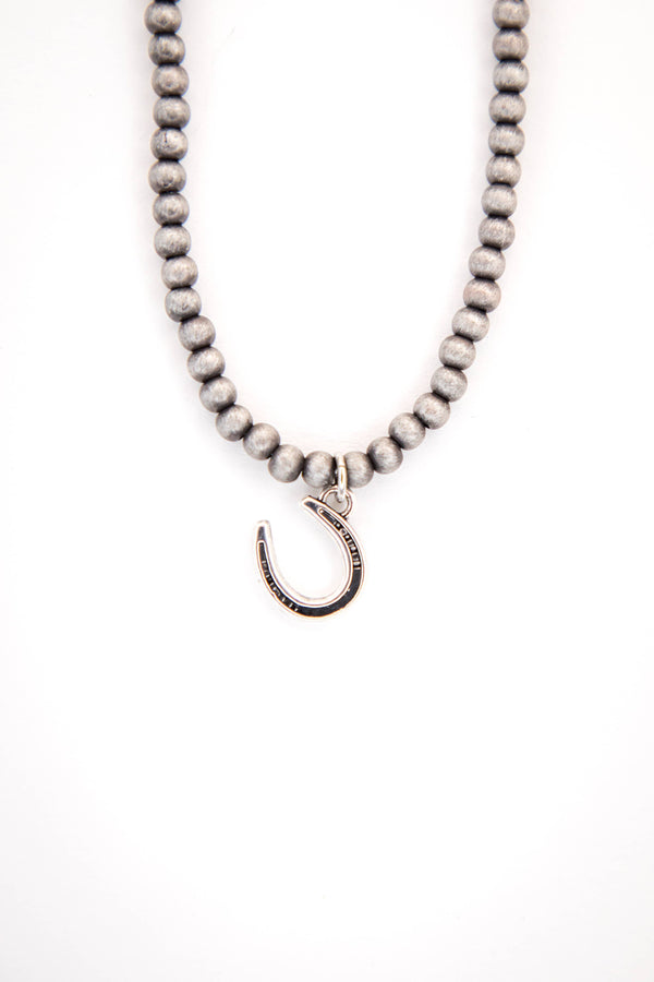 Faux Navajo Pearl Necklace w/ Silver Horseshoe Charm - Broken horn