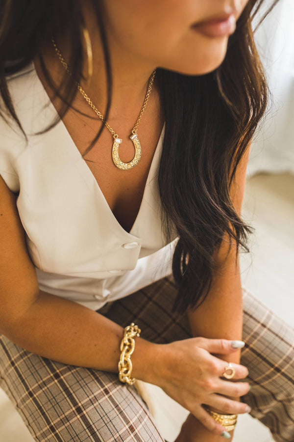 Gold Plated Horse Shoe Necklace with Rhinestone - Broken horn