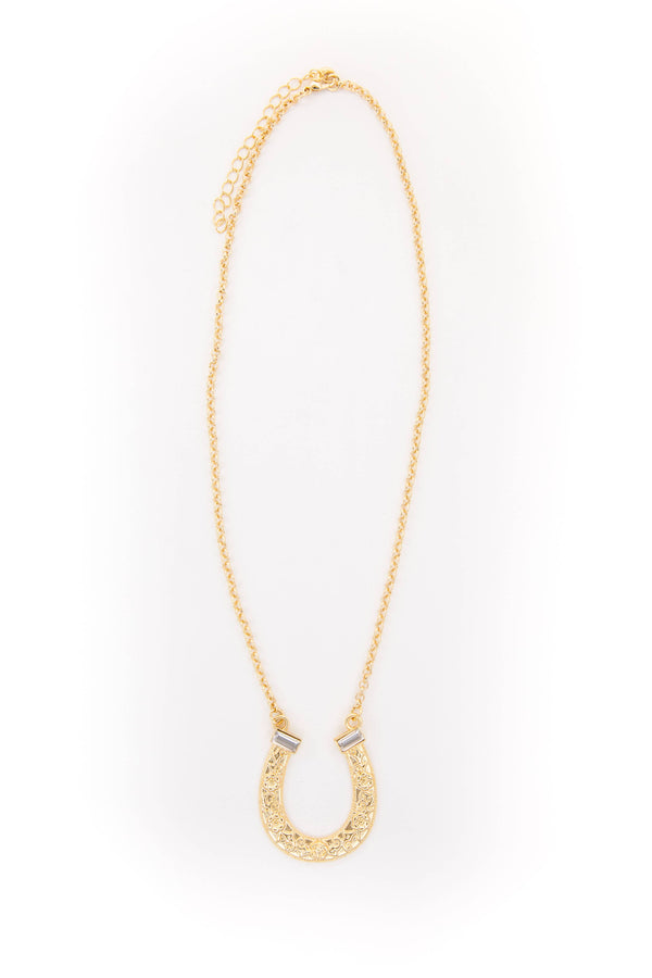 Gold Plated Horse Shoe Necklace with Rhinestone - Broken horn