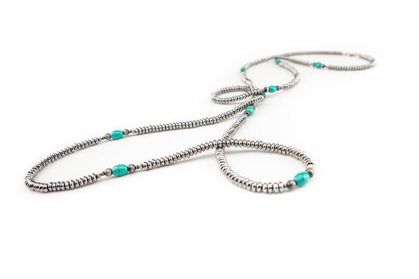 Silver Disc Bead Necklace w/Green Turquoise Beaded Accent - Broken horn