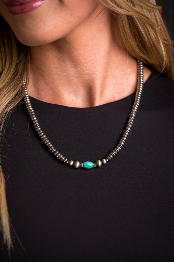 Silver Disc Beaded Necklace with Green Turquoise - Broken horn