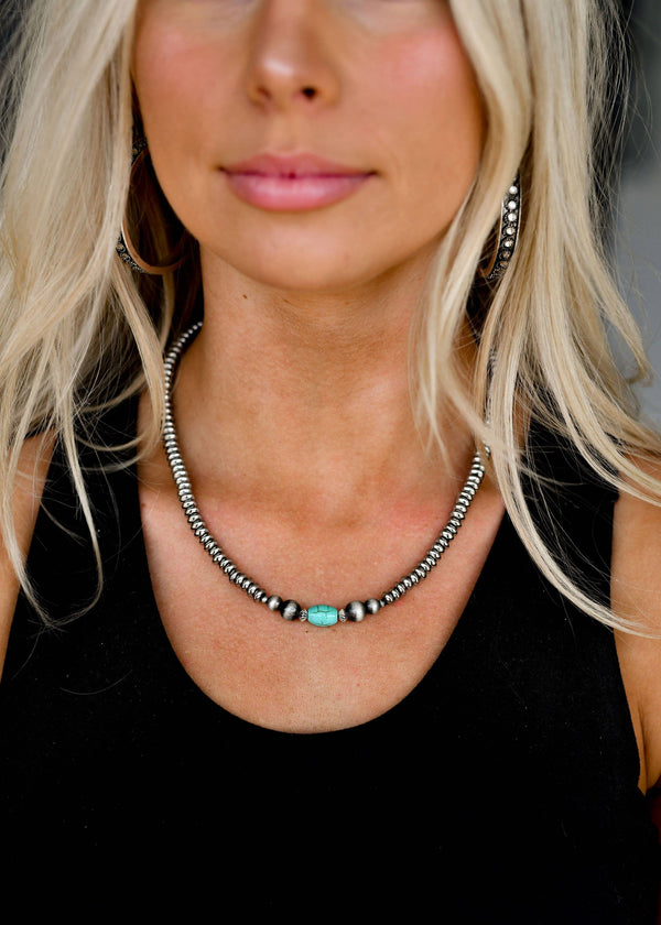 Silver Disc Beaded Necklace with Green Turquoise - Broken horn