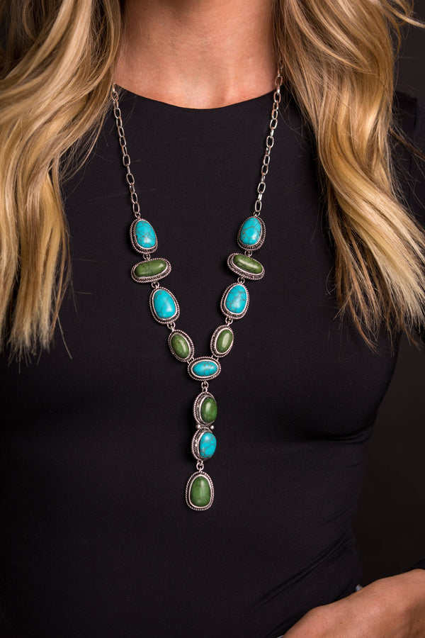 Turquoise and Green Lariat Style Necklace - Broken horn