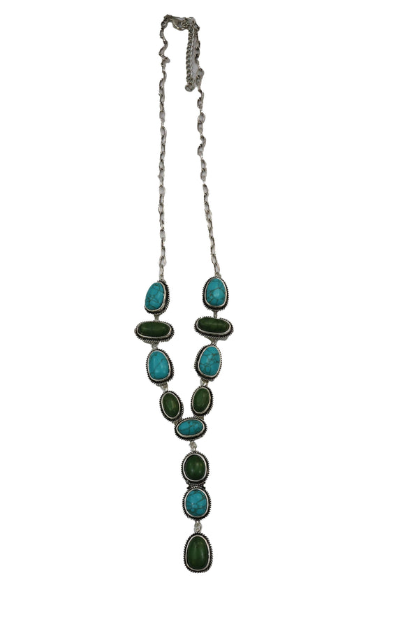Turquoise and Green Lariat Style Necklace - Broken horn