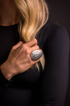 Adjustable Large Stamped Silver Concho Ring - Broken horn