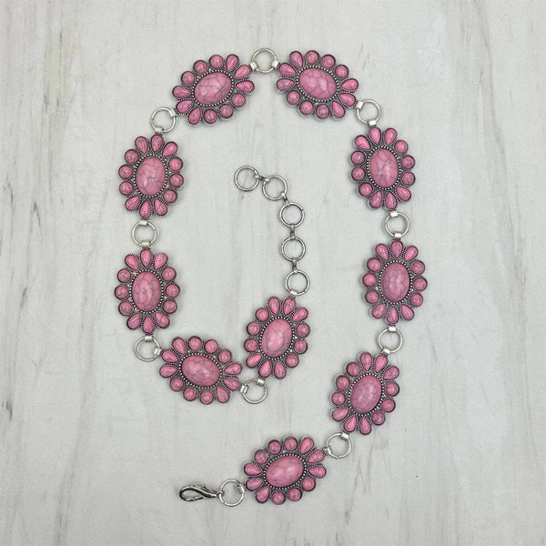 Silver oval metal with light pink stone hat chain. - Broken horn