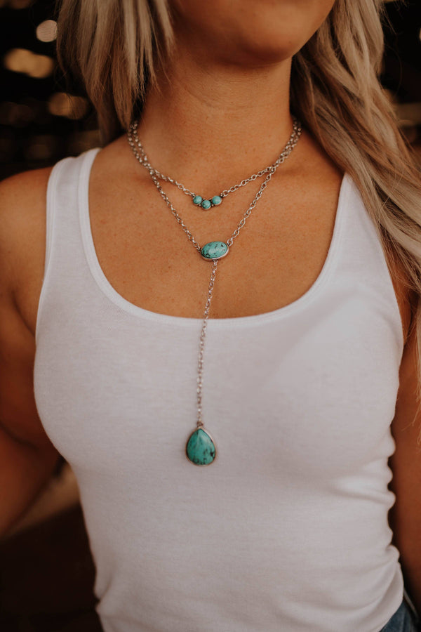 Layered Turquoise Lariat Necklace - Broken horn