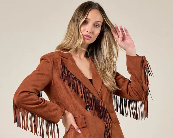 Faux Suede Fringed Blazer - Broken horn