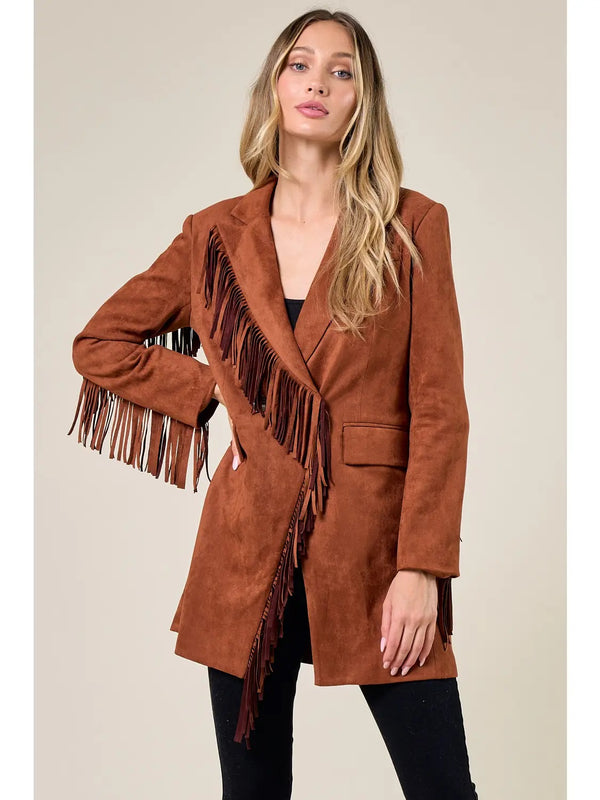 Faux Suede Fringed Blazer - Broken horn