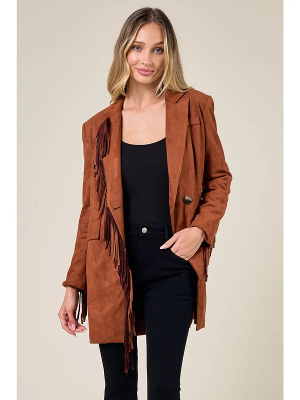Faux Suede Fringed Blazer - Broken horn