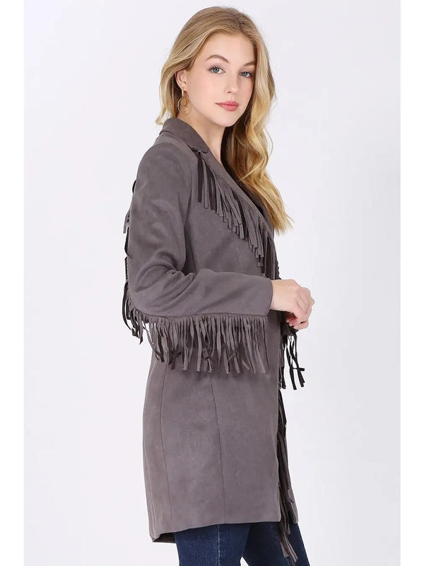 Faux Suede Fringed Blazer - Broken horn
