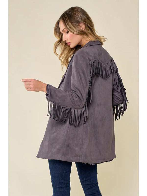 Faux Suede Fringed Blazer - Broken horn