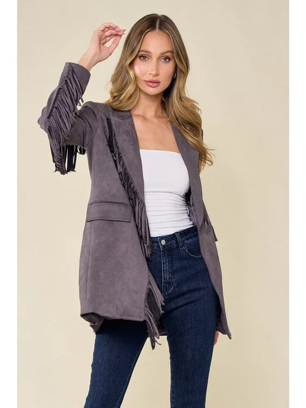Faux Suede Fringed Blazer - Broken horn