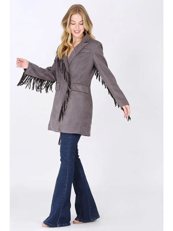 Faux Suede Fringed Blazer - Broken horn