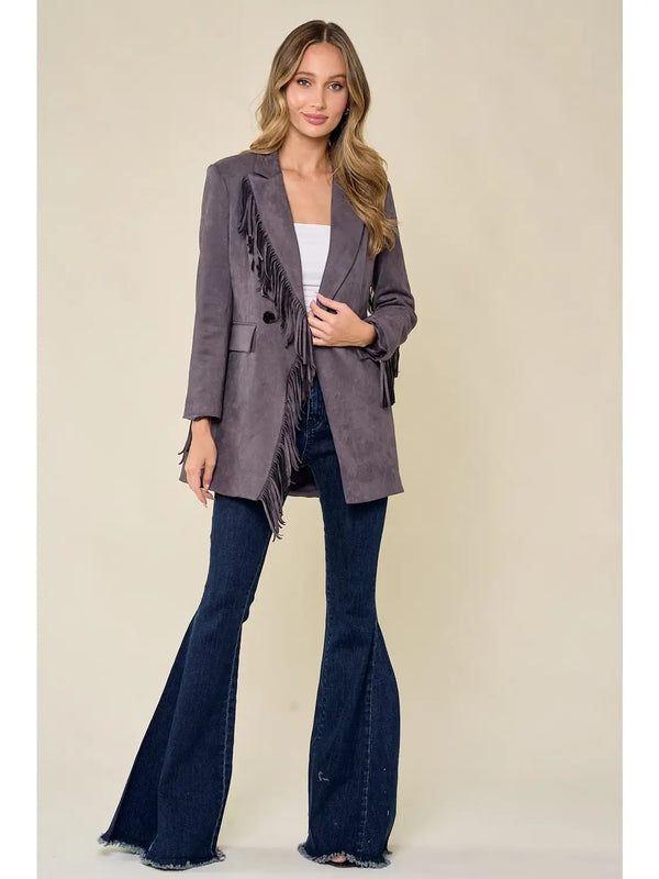Faux Suede Fringed Blazer - Broken horn