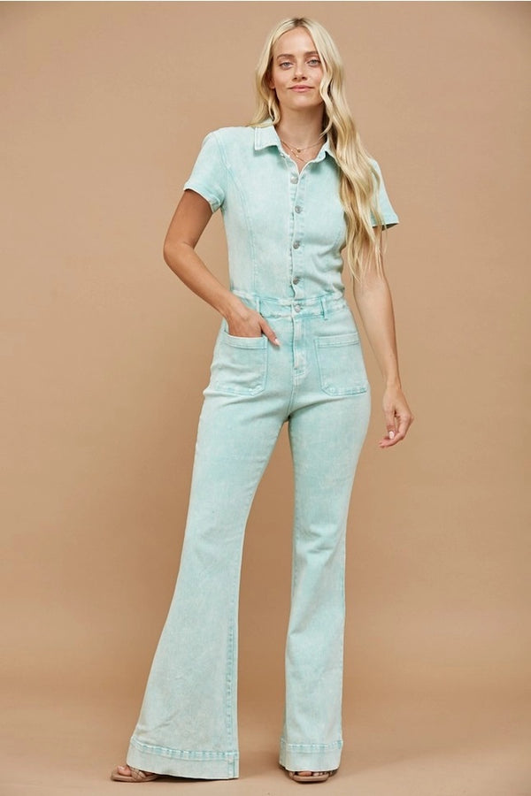 Western Acid Washed Bootcut Leg Denim Jumpsuit Aqua - Broken horn