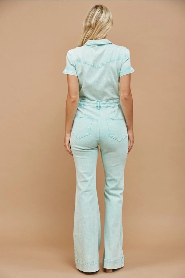 Western Acid Washed Bootcut Leg Denim Jumpsuit Aqua - Broken horn