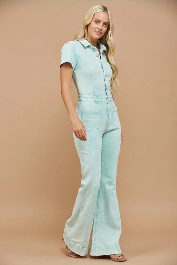 Western Acid Washed Bootcut Leg Denim Jumpsuit Aqua - Broken horn