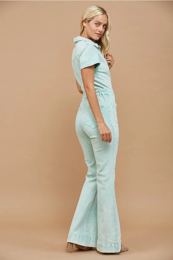 Western Acid Washed Bootcut Leg Denim Jumpsuit Aqua - Broken horn