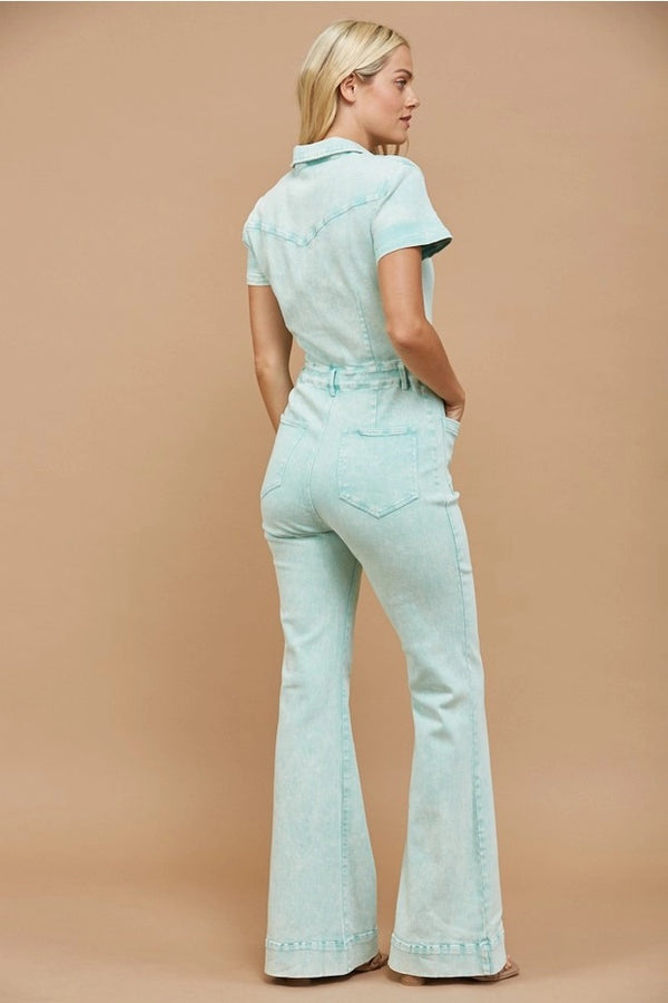 Western Acid Washed Bootcut Leg Denim Jumpsuit Aqua - Broken horn