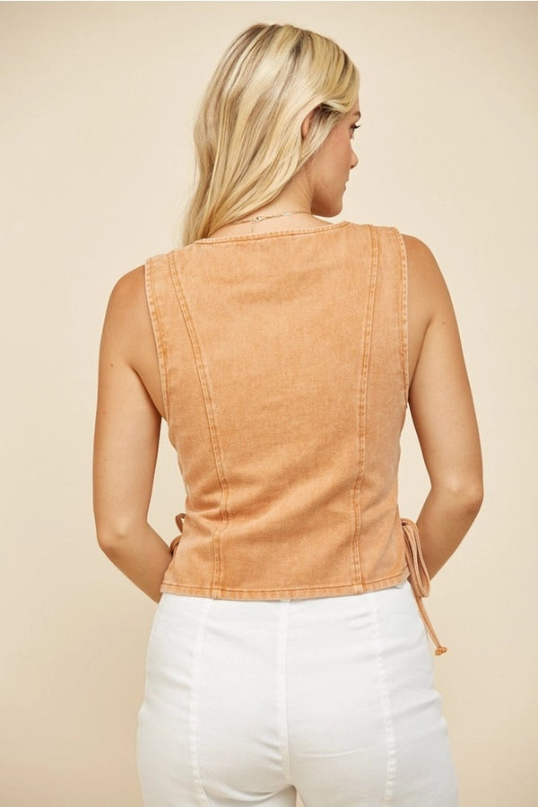 Boho Denim Vest Top with Lace Up Sides - Broken horn