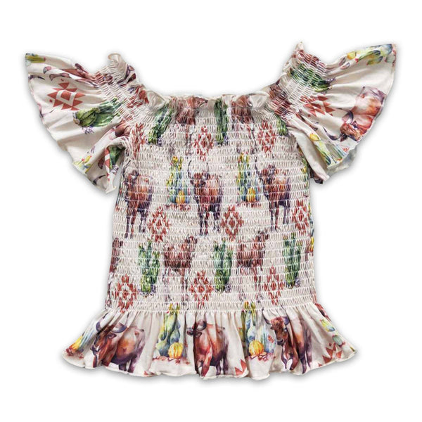 Highland cow cactus aztec elastic girls western shirt - Broken horn