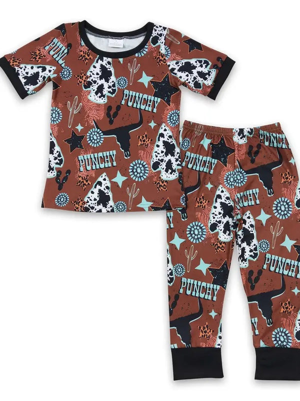 Turquoise Bull Skull Punchy Western Pajamas - Broken horn