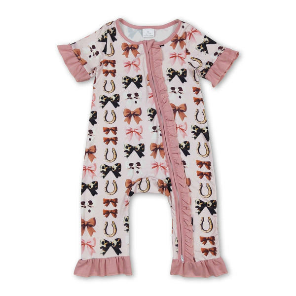 Pink ruffle cow print bow western baby zipper romper - Broken horn