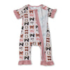 Pink ruffle cow print bow western baby zipper romper - Broken horn