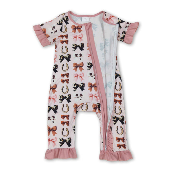Pink ruffle cow print bow western baby zipper romper - Broken horn