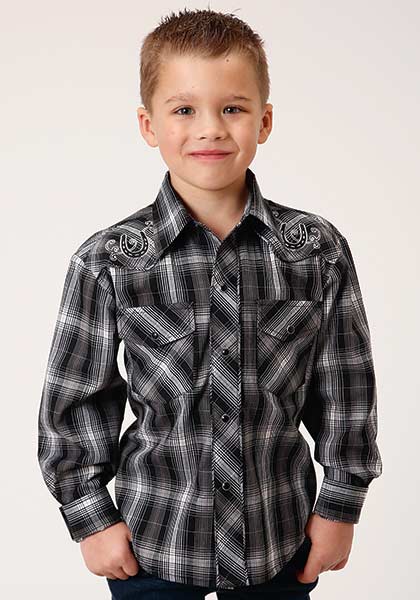 Roper Boys Shirt Black and White Embroidery with White