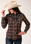 Roper Women's Snap Fancy Applique Navy, Blue & Brown Plaid Shirt