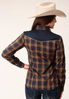 Roper Women's Snap Fancy Applique Navy, Blue & Brown Plaid Shirt