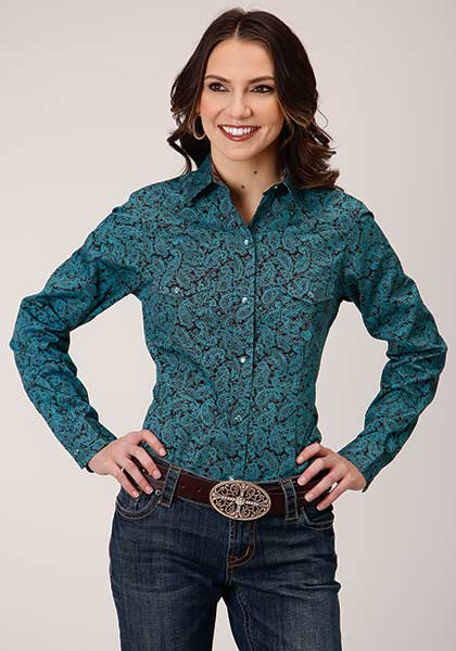 Roper Womens Shirt Snap Amarillo Snap All Over Agave Paisely Turquoise