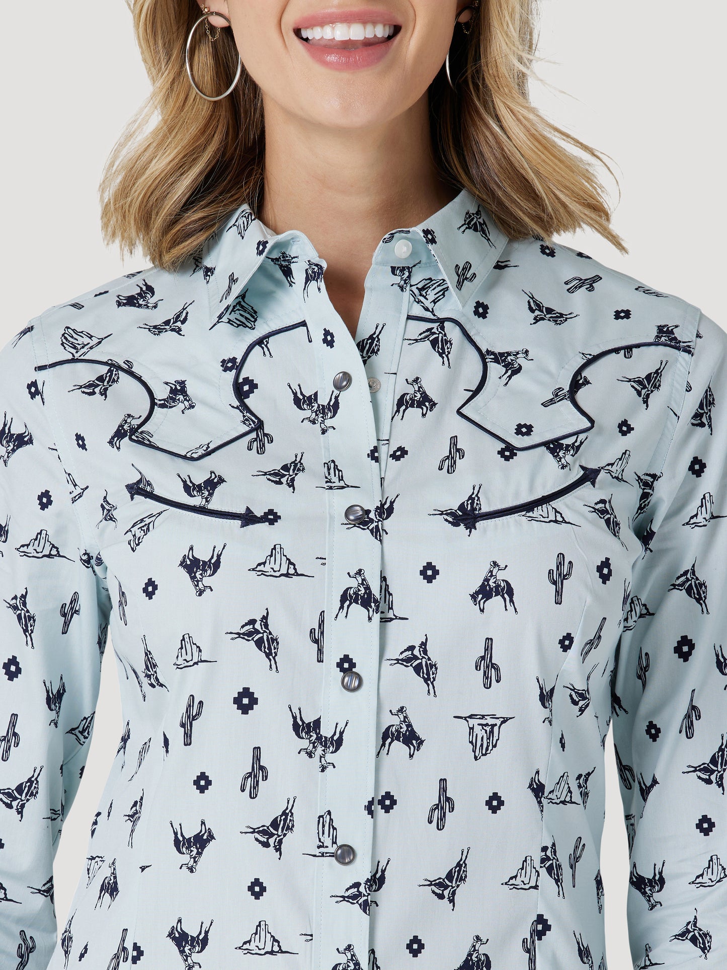 Wrangler Retro Cowgirl Cactus Western Snap Shirt - Blue Print