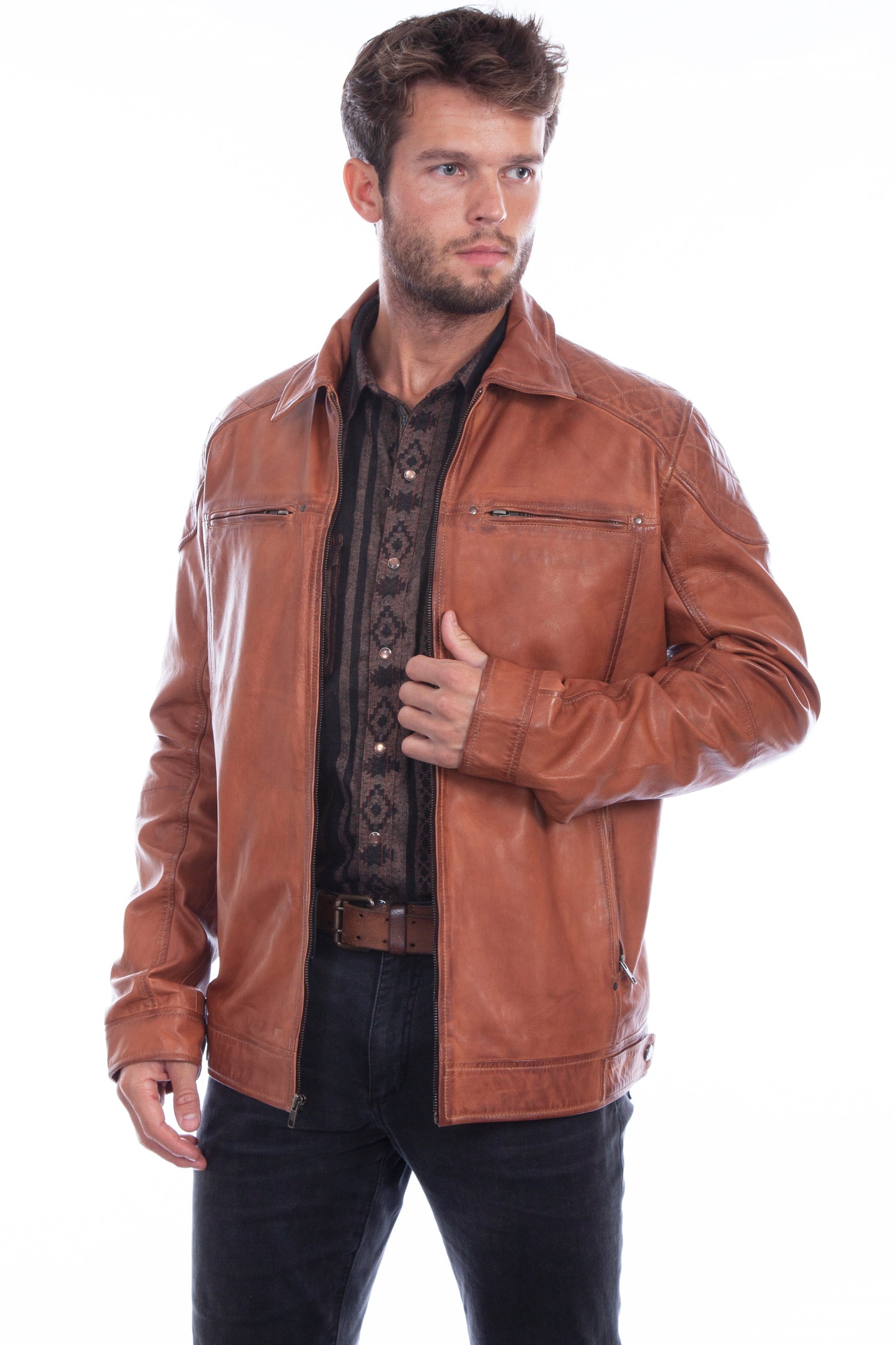 Scully Zip Front Leather Jacket - Brown