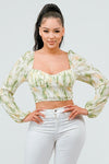 Pleated Chiffon Print Sweetheart Smocked Top