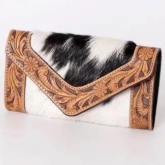 Hand Tooled Saddle Leather Cowhide Upcycle Canvas Wallet