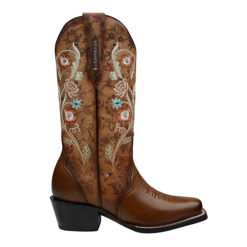 Rio Grande Womens Pacific Embroidered Flowers with Cowboy Heel Boot - Ocre
