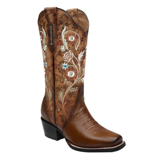 Rio Grande Womens Pacific Embroidered Flowers with Cowboy Heel Boot - Ocre