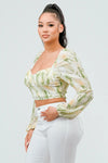 Pleated Chiffon Print Sweetheart Smocked Top