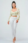 Pleated Chiffon Print Sweetheart Smocked Top