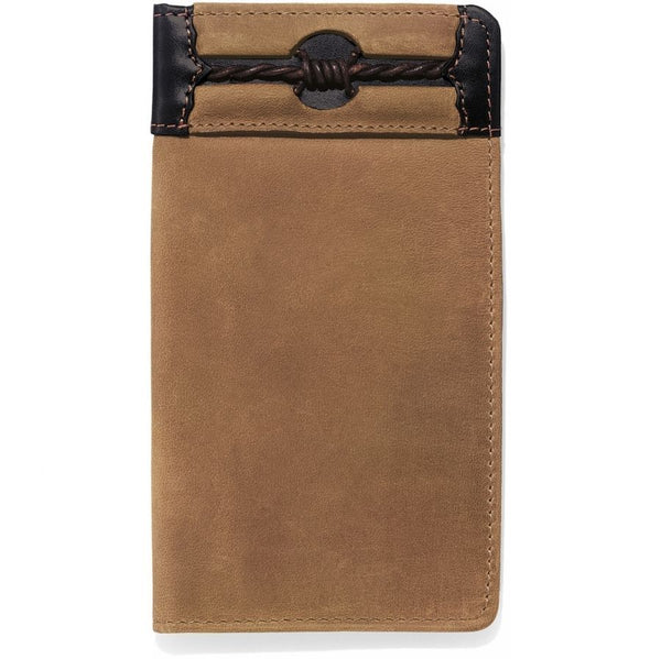 Brighton Collectibles LLC copper fenced checkbook wallet with textured leather and metal accents on a white background.