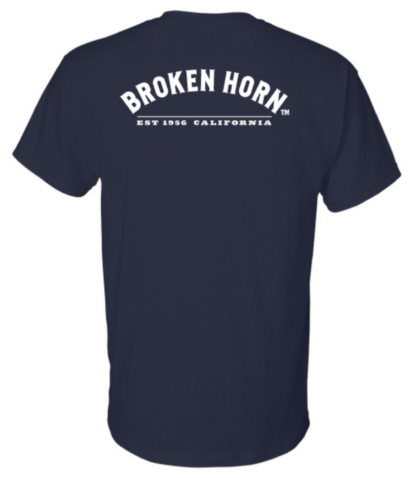 Unisex Broken Horn half circle logo T-shirt in black, featuring a bold graphic design on the front.