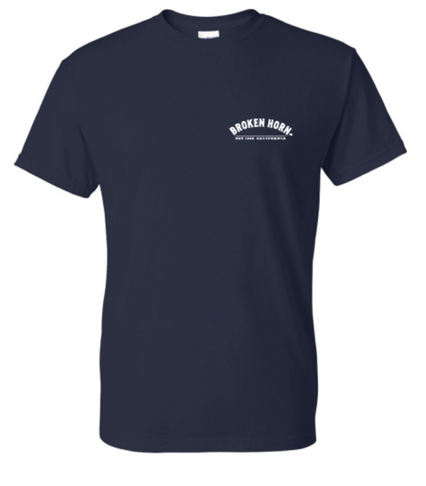 Unisex Broken Horn T-shirt featuring a broken horn half circle logo design on the front, casual and stylish apparel.