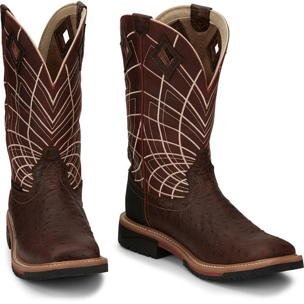 Justin Derrickman 12" Waterproof Brown Ostrich Print Work Boot - Broken horn