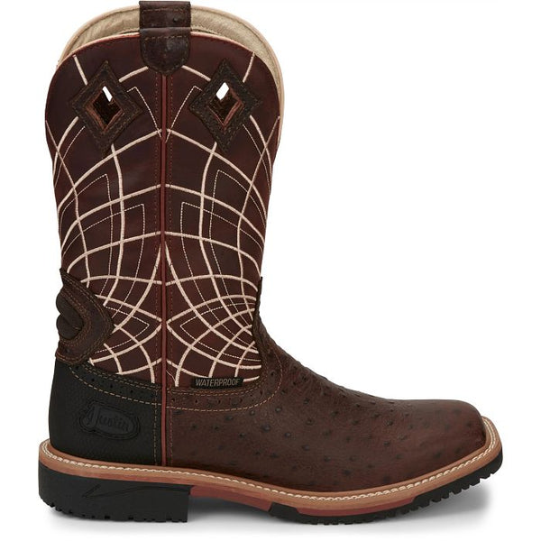 Justin Derrickman 12" Waterproof Brown Ostrich Print Work Boot - Broken horn