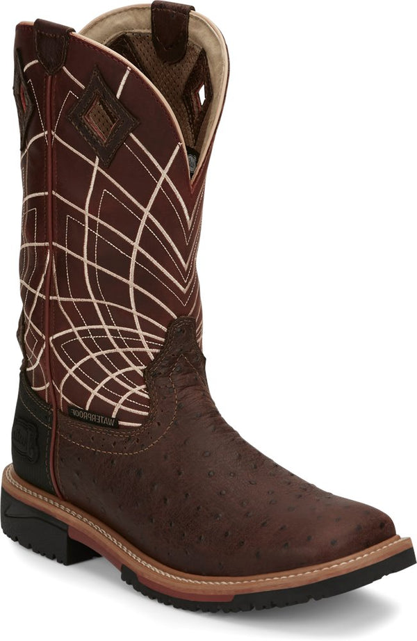 Justin Derrickman 12" Waterproof Brown Ostrich Print Work Boot - Broken horn