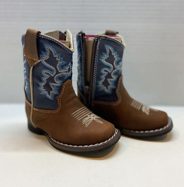 Blue and brown square toe toddler boots from KARMONI FOOTWEAR, featuring a sturdy design and comfortable fit for children.