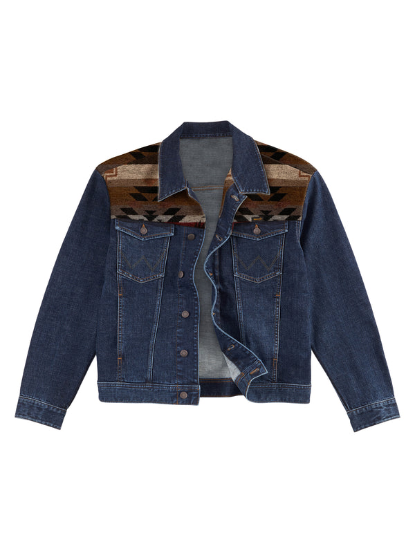 Wrangler Boys Southwestern Yoke Ulined Denim Jacket - Pecan Pie - Broken horn
